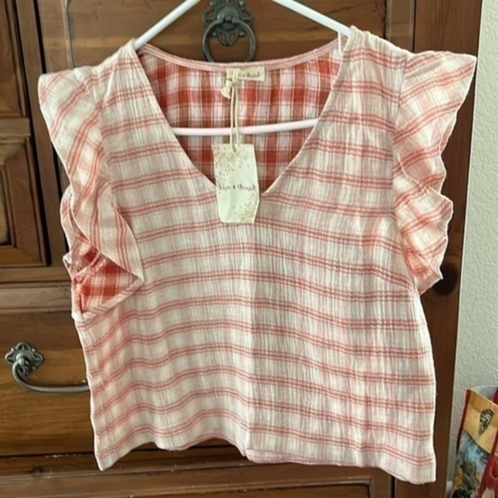 Hem And Thread Orange And Cream Plaid Crop Top Size Medium NWT